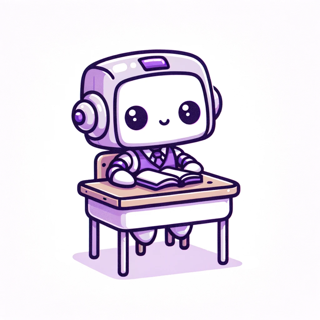 DALL·E 2024-01-31 11.55.56 - Create a cute, kawaii-style square image of a robot sitting at an old-fashioned student desk, with a white background. The robot is in a learning pose